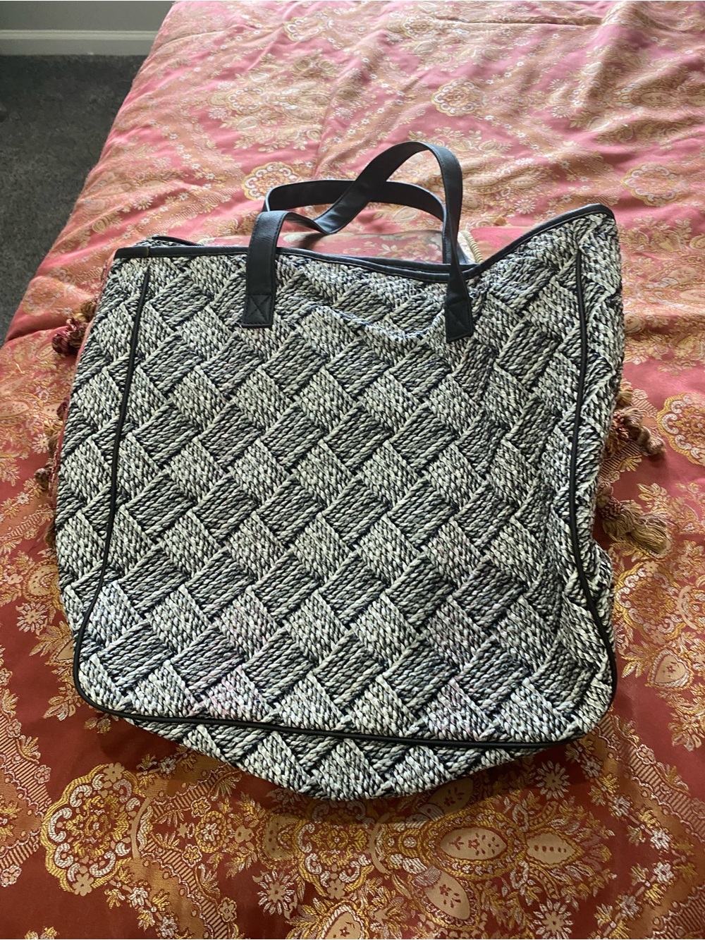 Black & White Woven Tote Bag with Top Handles
